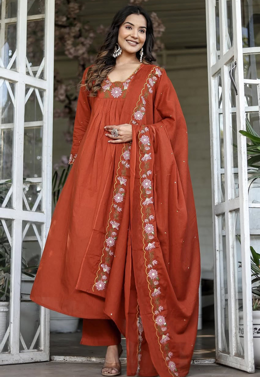 Rust Rayon Readymade Anarkali Suit 310462