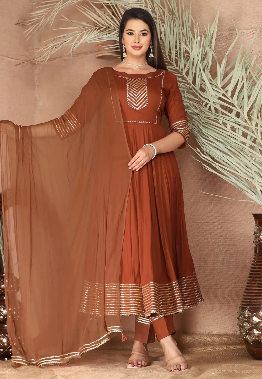 Rust Rayon Readymade Anarkali Suit 292766