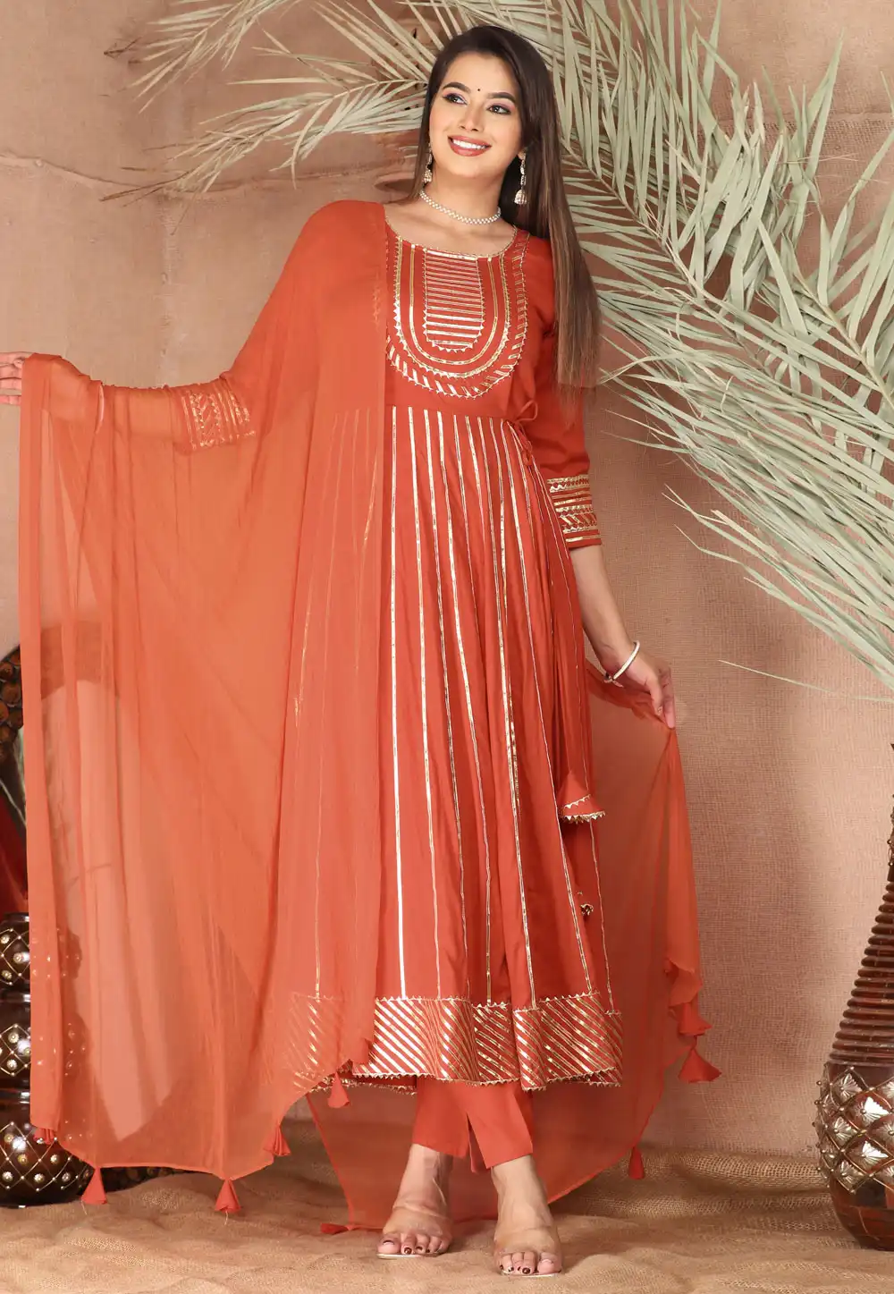 Rust Rayon Readymade Anarkali Suit 292778