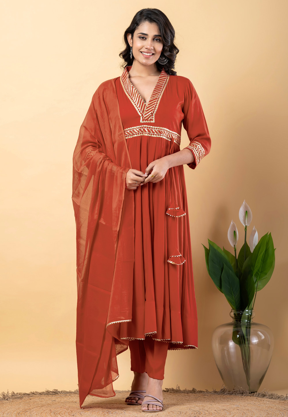 Rust Rayon Readymade Anarkali Suit 306196