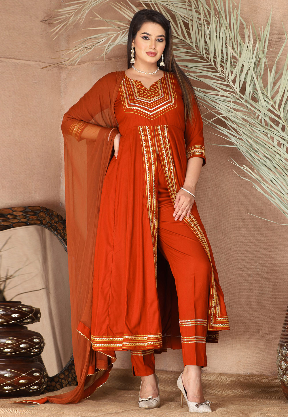 Rust Rayon Readymade Pant Style Suit 309291