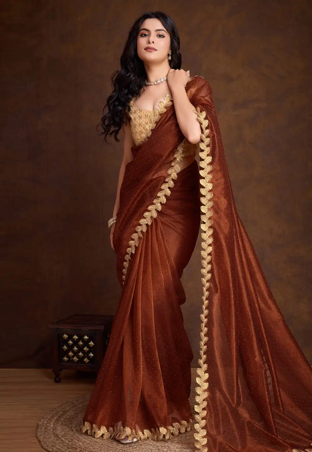 Rust Shimmer Net Saree With Blouse 294794