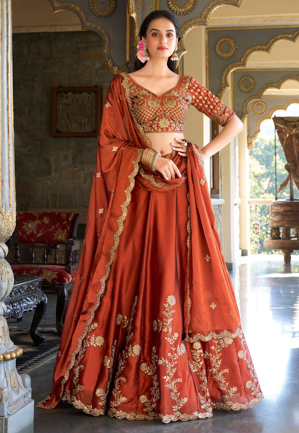 Rust Silk Circular Lehenga Choli 309598