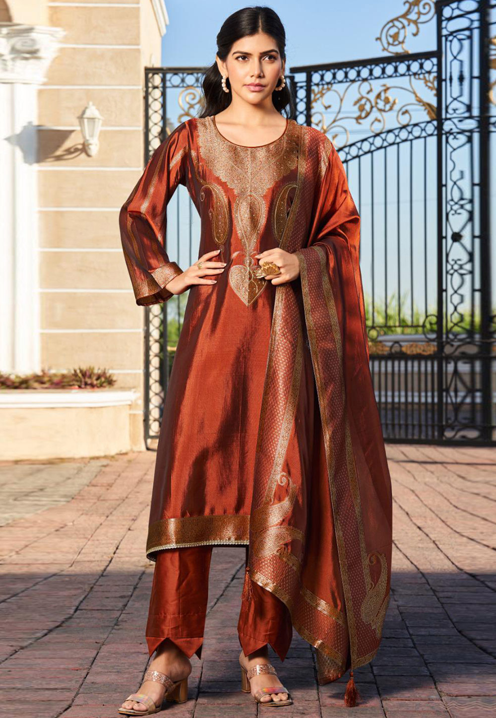 Rust Silk Pakistani Suit 309517