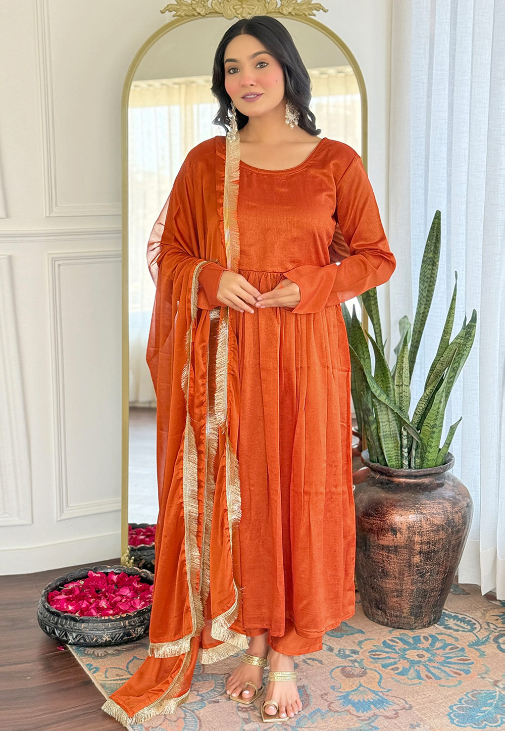 Rust Silk Readymade Anarkali Suit 309476