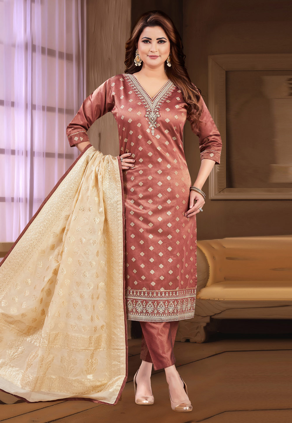 Rust Silk Readymade Pakistani Suit 305854