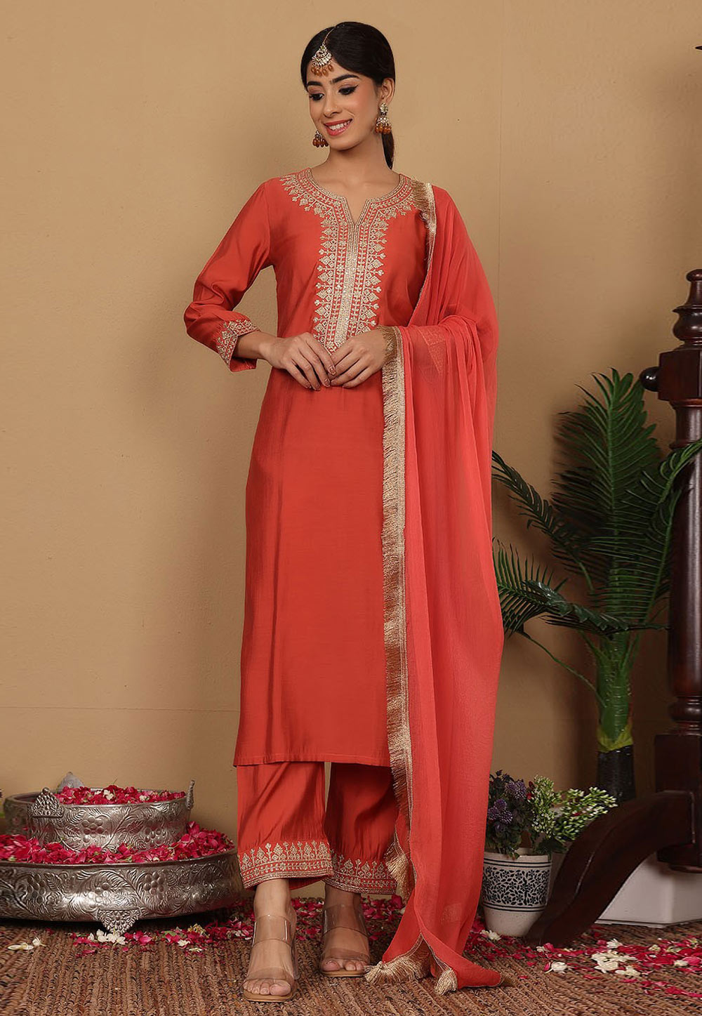 Rust Silk Readymade Pakistani Suit 305429