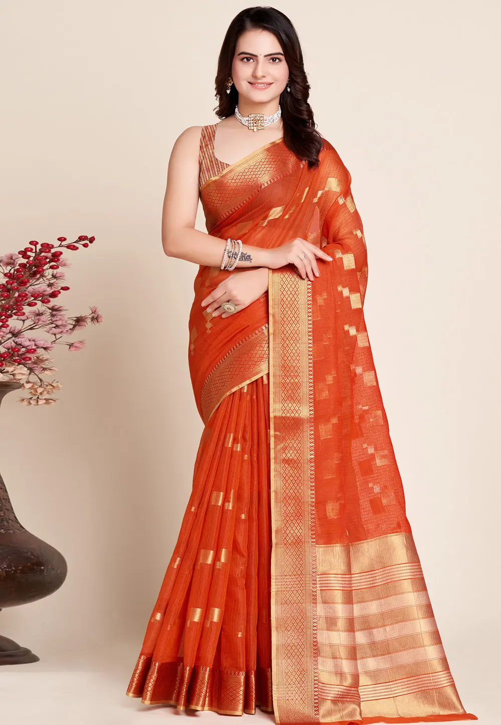 Rust Silk Saree With Blouse 297108