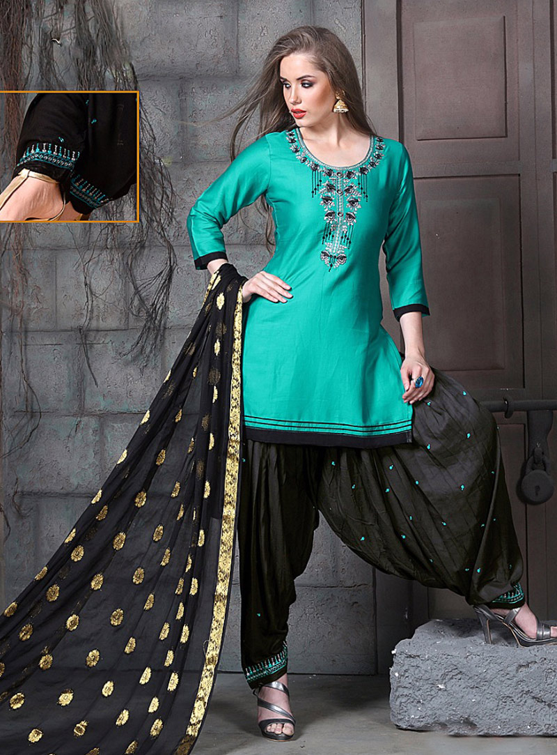Turquoise Cotton Patiala Suit 144750
