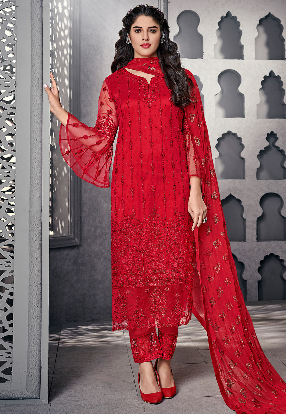 Red Net Embroidered Frill Sleeve Pant Style Suit 179222
