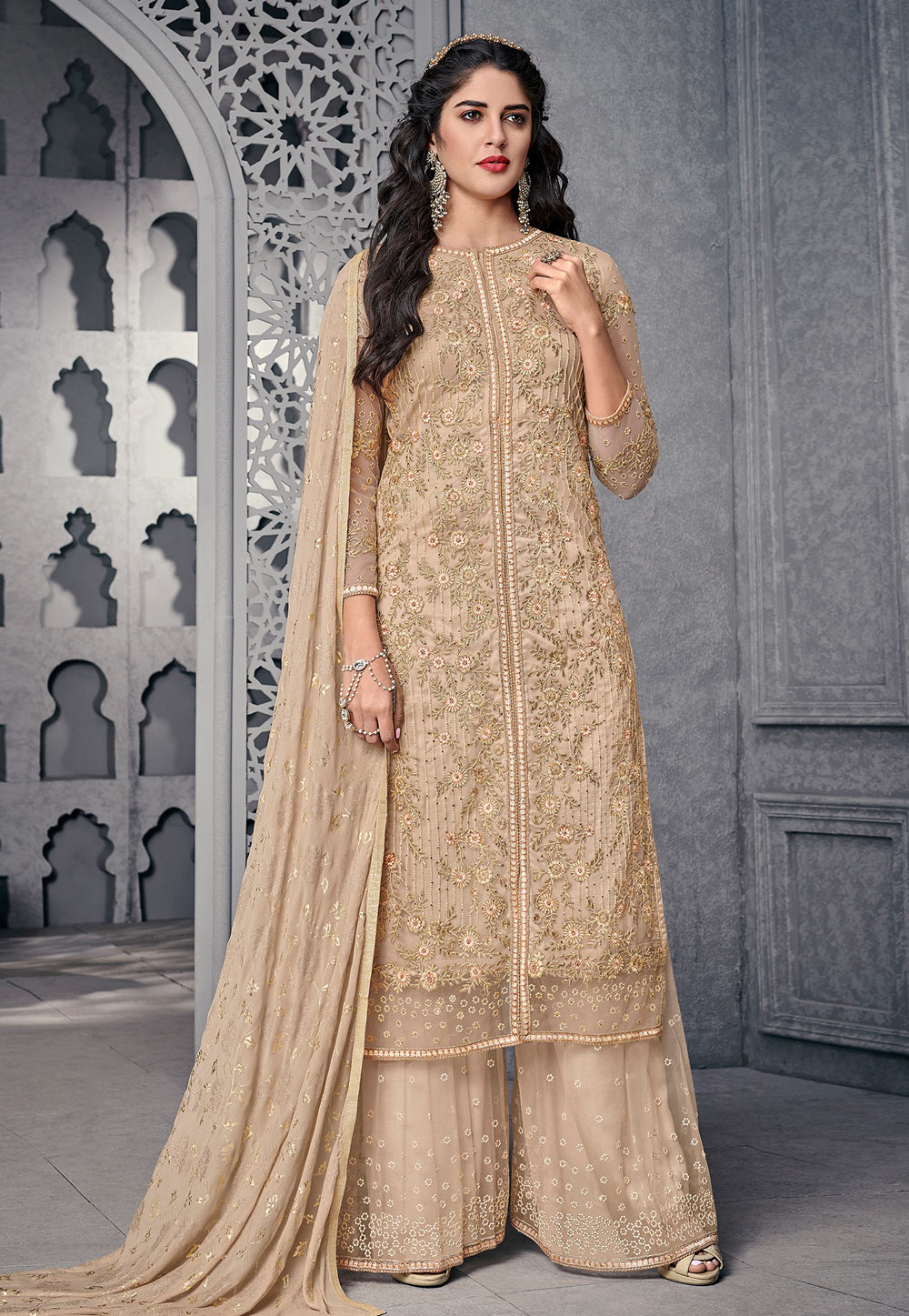 Beige Net Embroidered Palazzo Suit 179223
