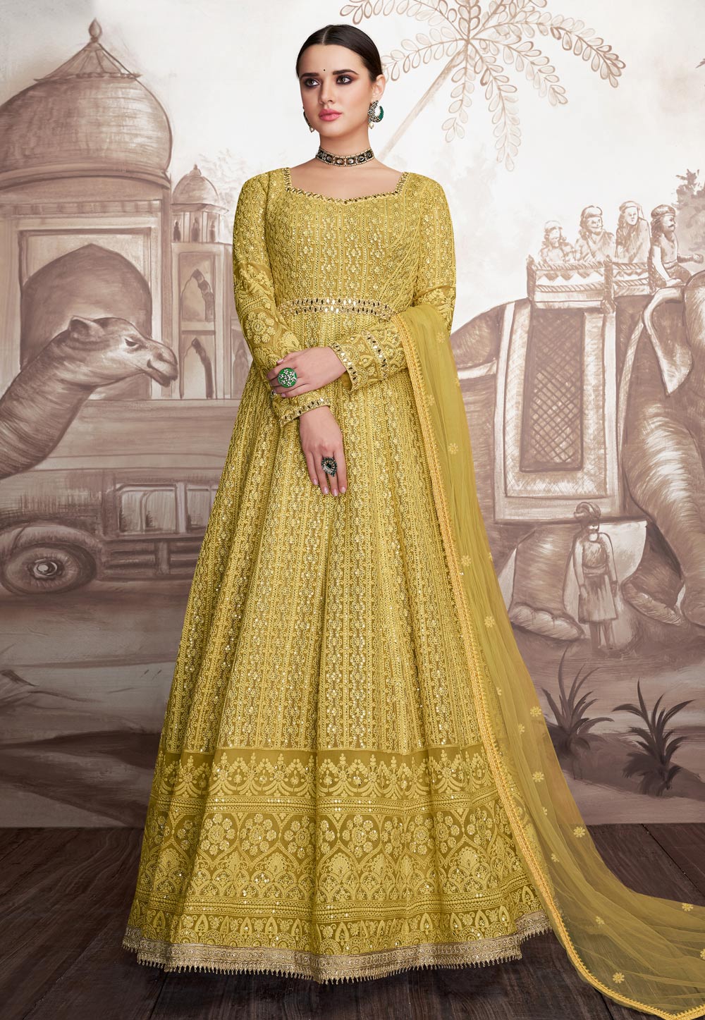 Shaded Green Faux Georgette Ankle Length Anarkali Suit 206386