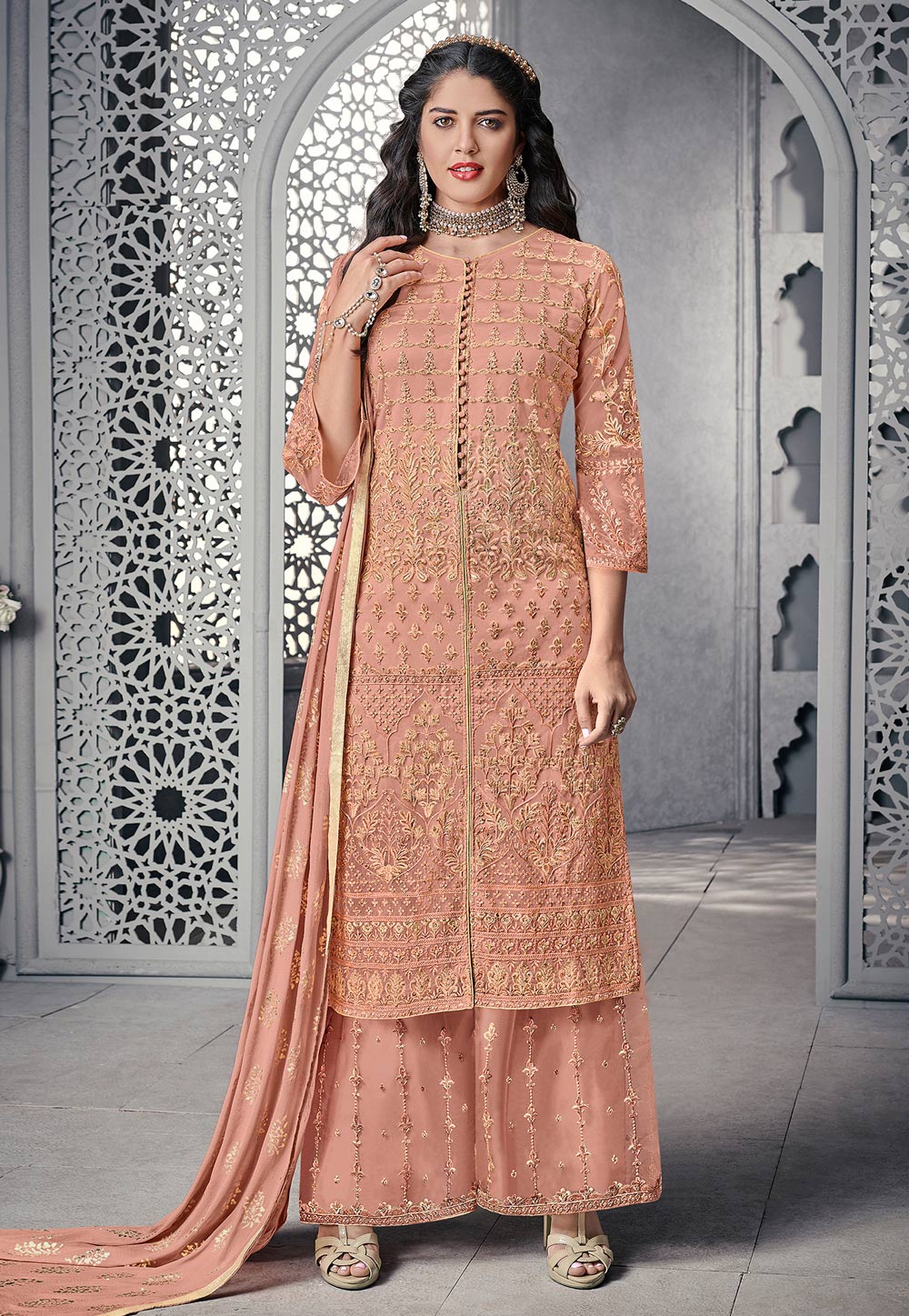 Peach Net Embroidered Palazzo Suit 179225
