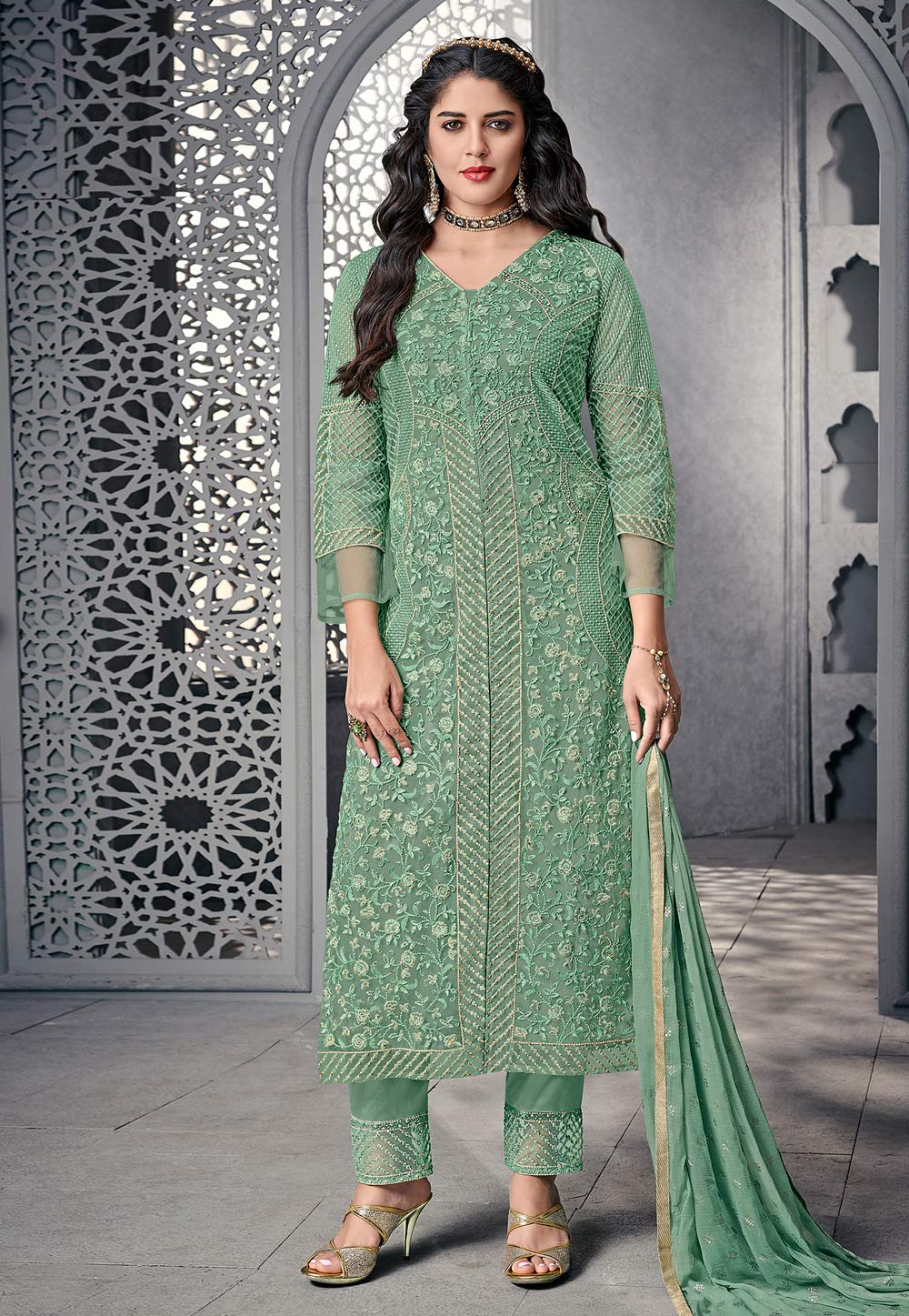 Sea Green Net Embroidered Pant Style Suit 179226