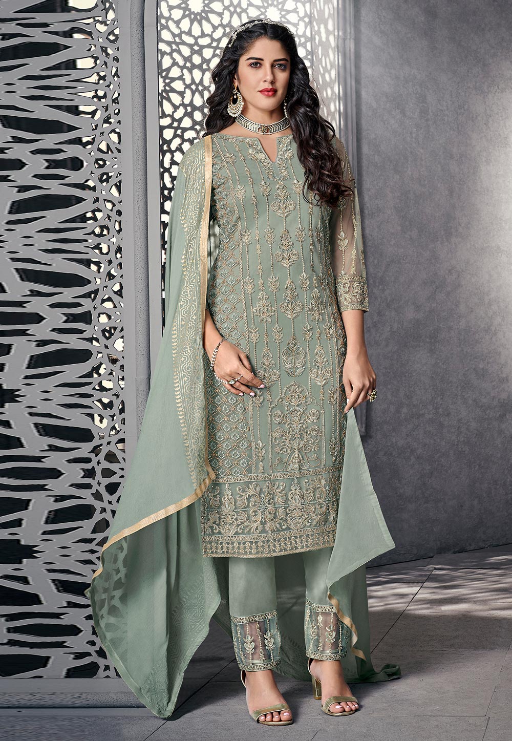 Sea Green Net Embroidered Pant Style Suit 179228