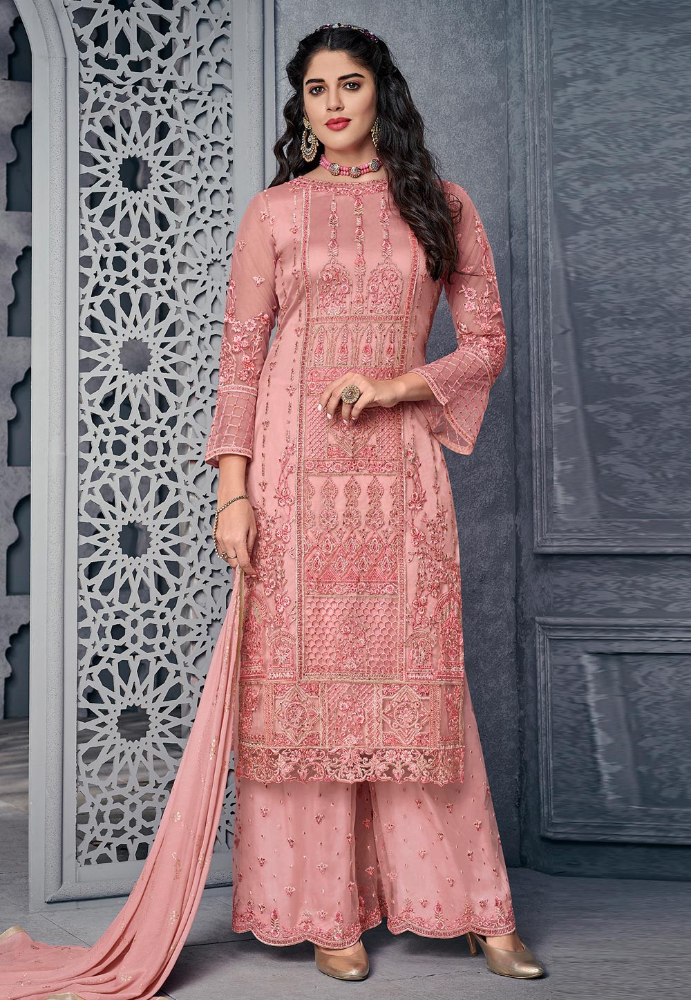Pink Net Embroidered Palazzo Suit 179229