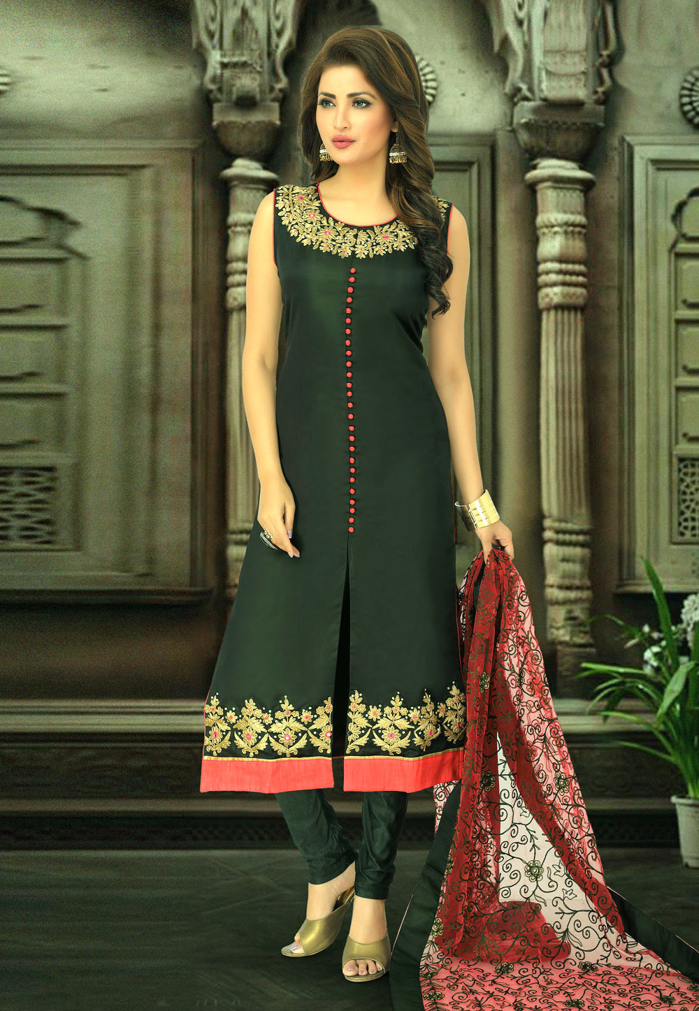 Dark Green Art Silk Readymade Churidar Salwar Suit 214351