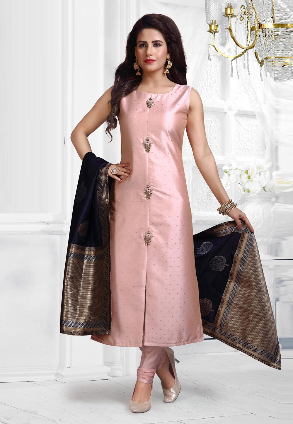 Pink Art Silk Readymade Churidar Salwar Kameez 195074