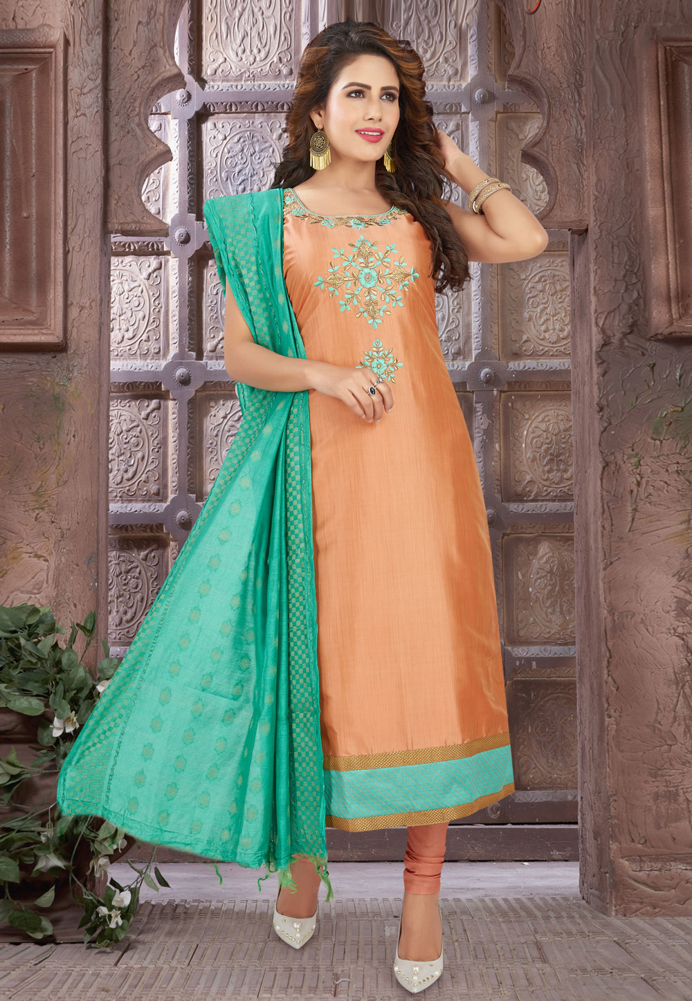 Peach Art Silk Readymade Churidar Salwar Suit 214355