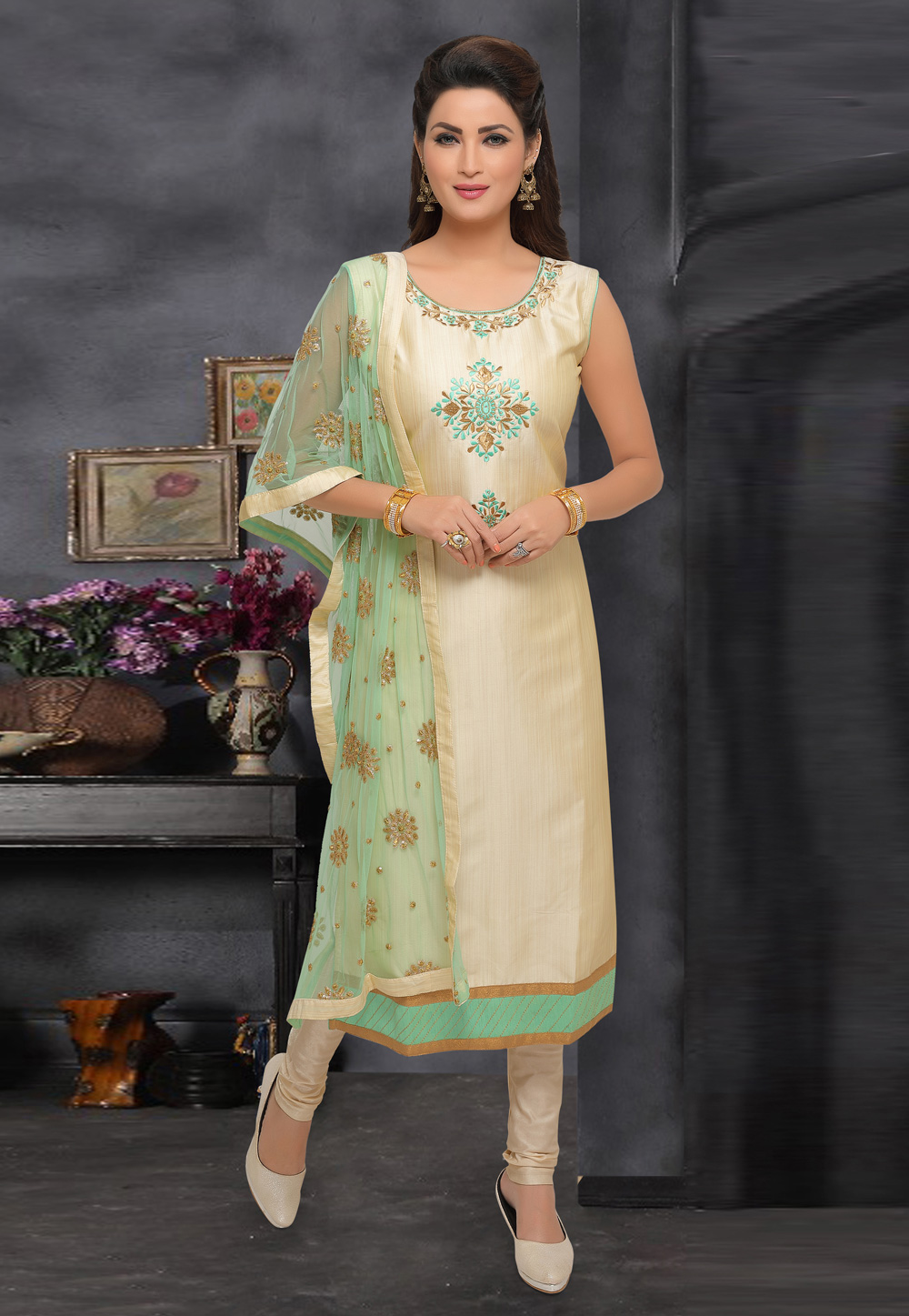 Cream Art Silk Readymade Churidar Salwar Suit 214357