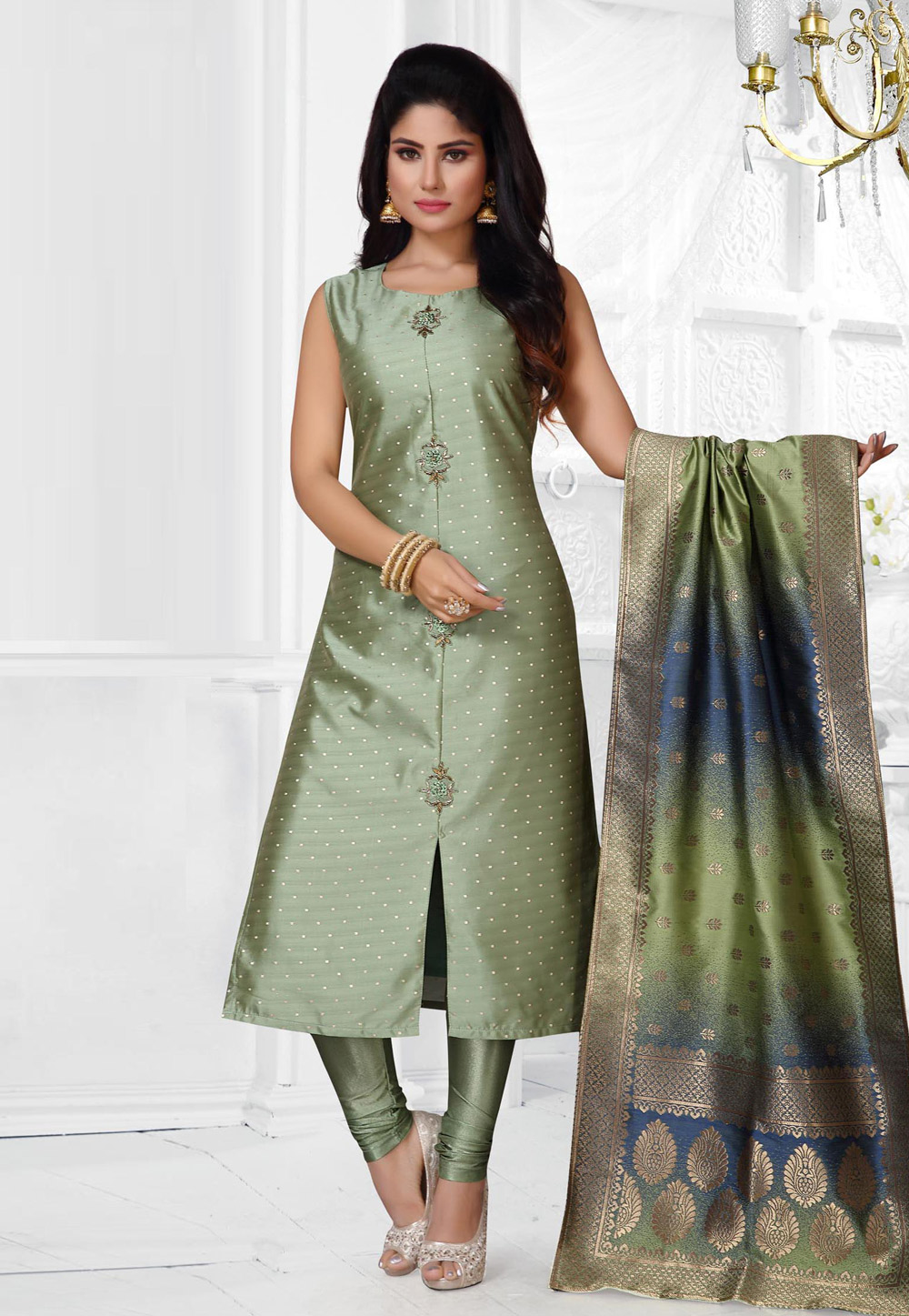 Light Green Art Silk Readymade Churidar Suit 195082