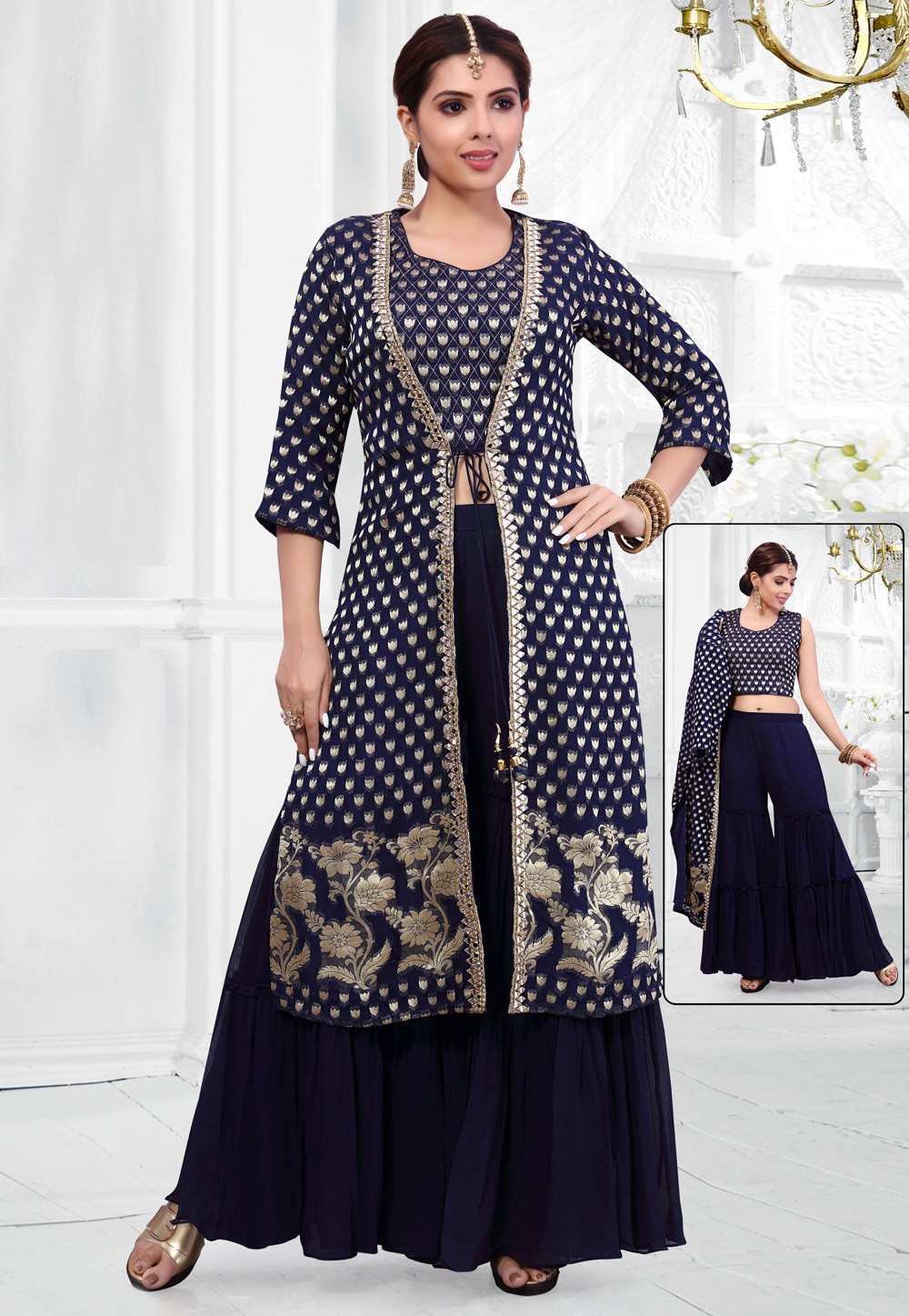 Navy Blue Faux Georgette Readymade Sharara Suit 195294