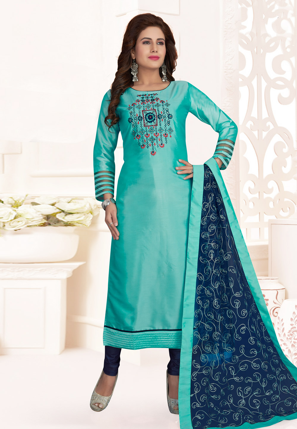 Turquoise Art Silk Readymade Churidar Suit 214331