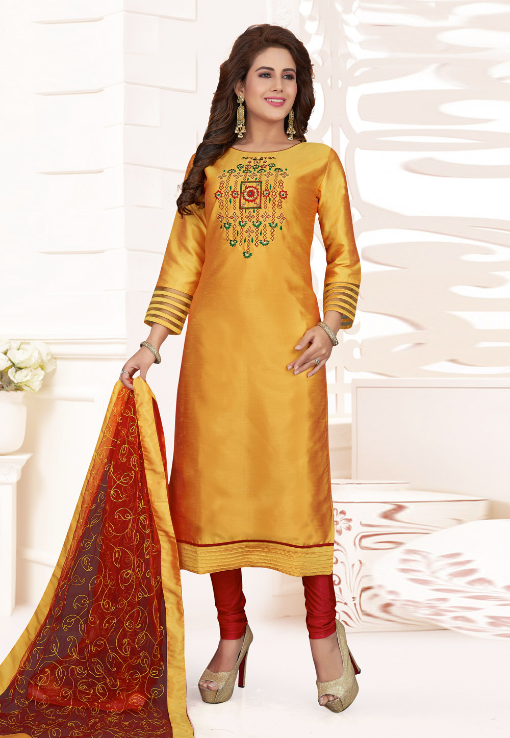 Yellow Art Silk Readymade Churidar Salwar Suit 214332