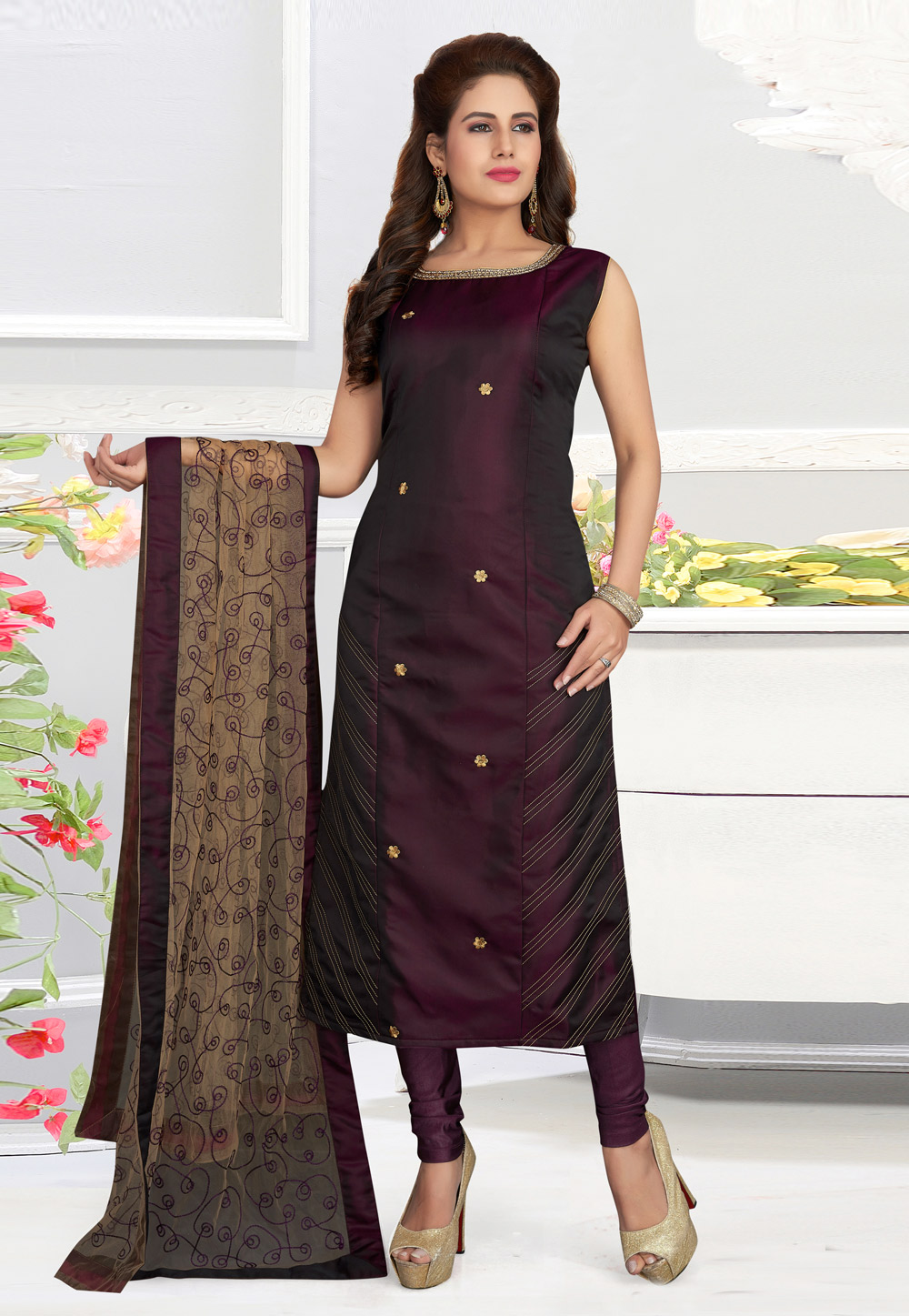 Purple Art Silk Readymade Churidar Suit 214333