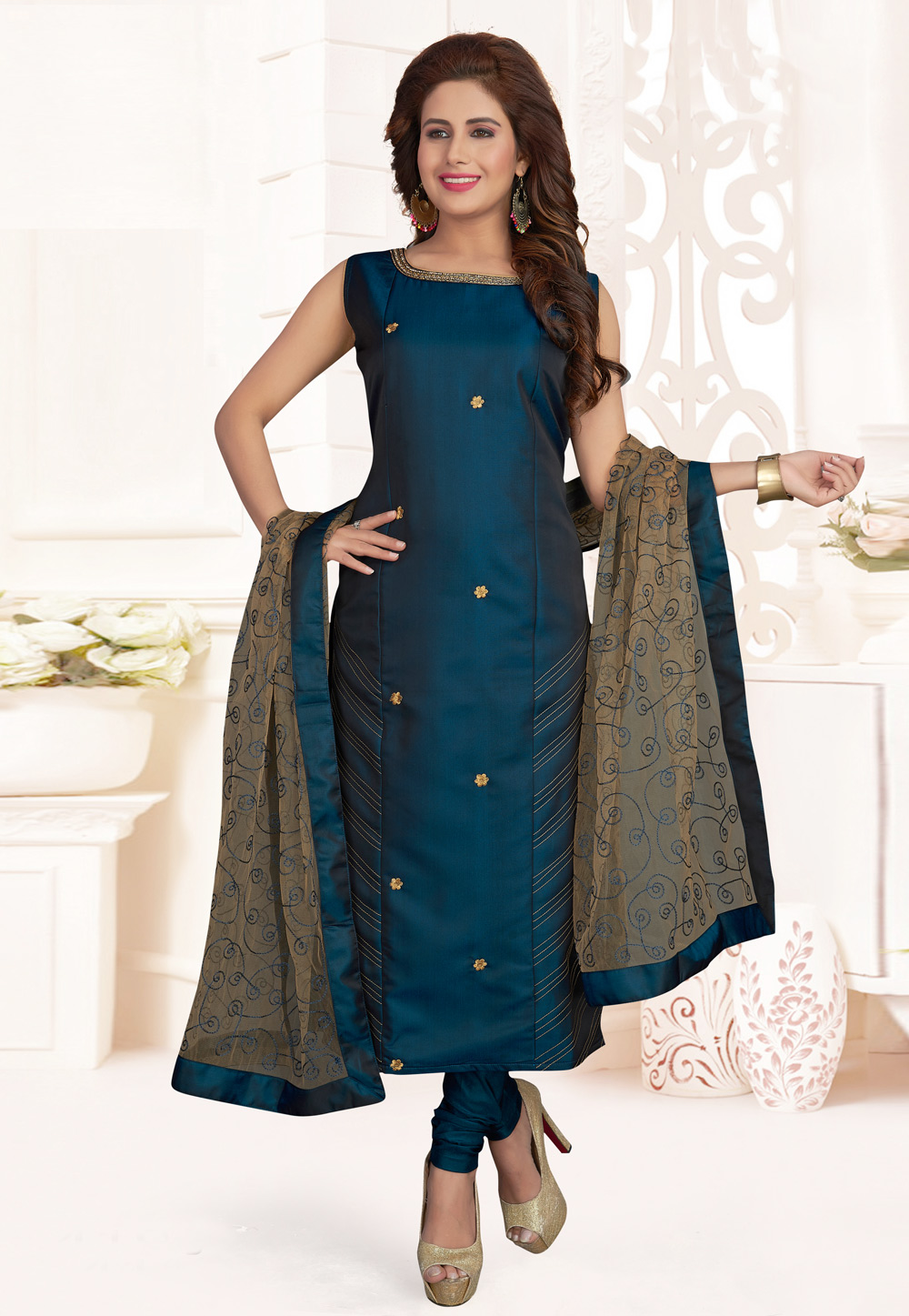 Blue Art Silk Readymade Churidar Salwar Suit 214334