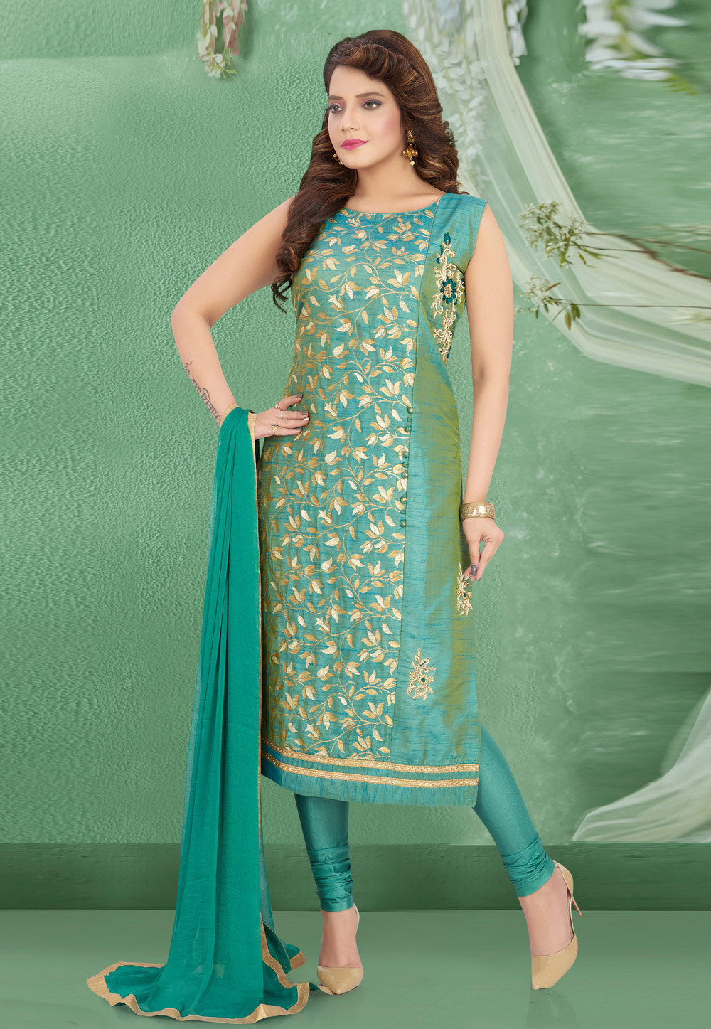 Sea Green Art Silk Readymade Churidar Salwar Suit 214336