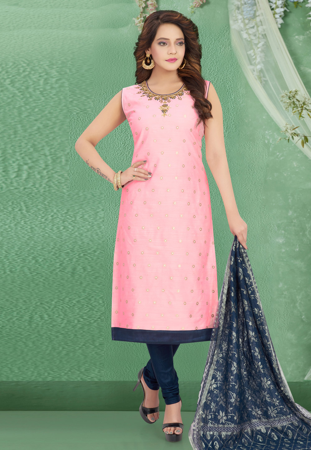 Pink Art Silk Readymade Churidar Suit 214339