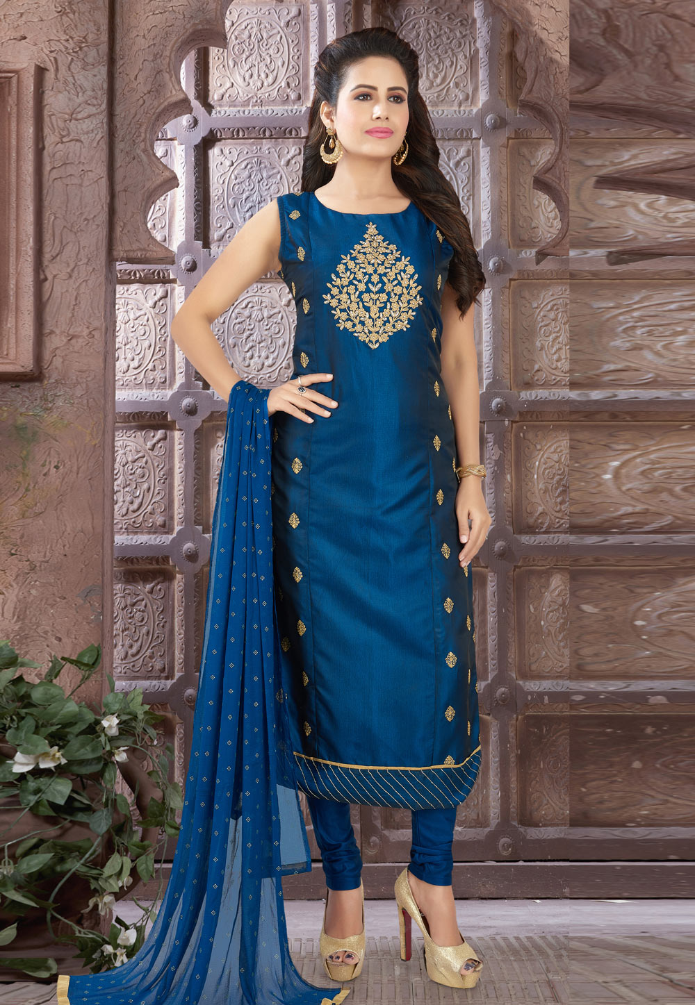 Blue Art Silk Readymade Churidar Suit 214343