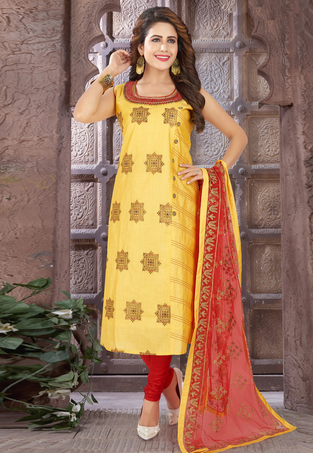 Yellow Art Silk Readymade Churidar Suit 214348