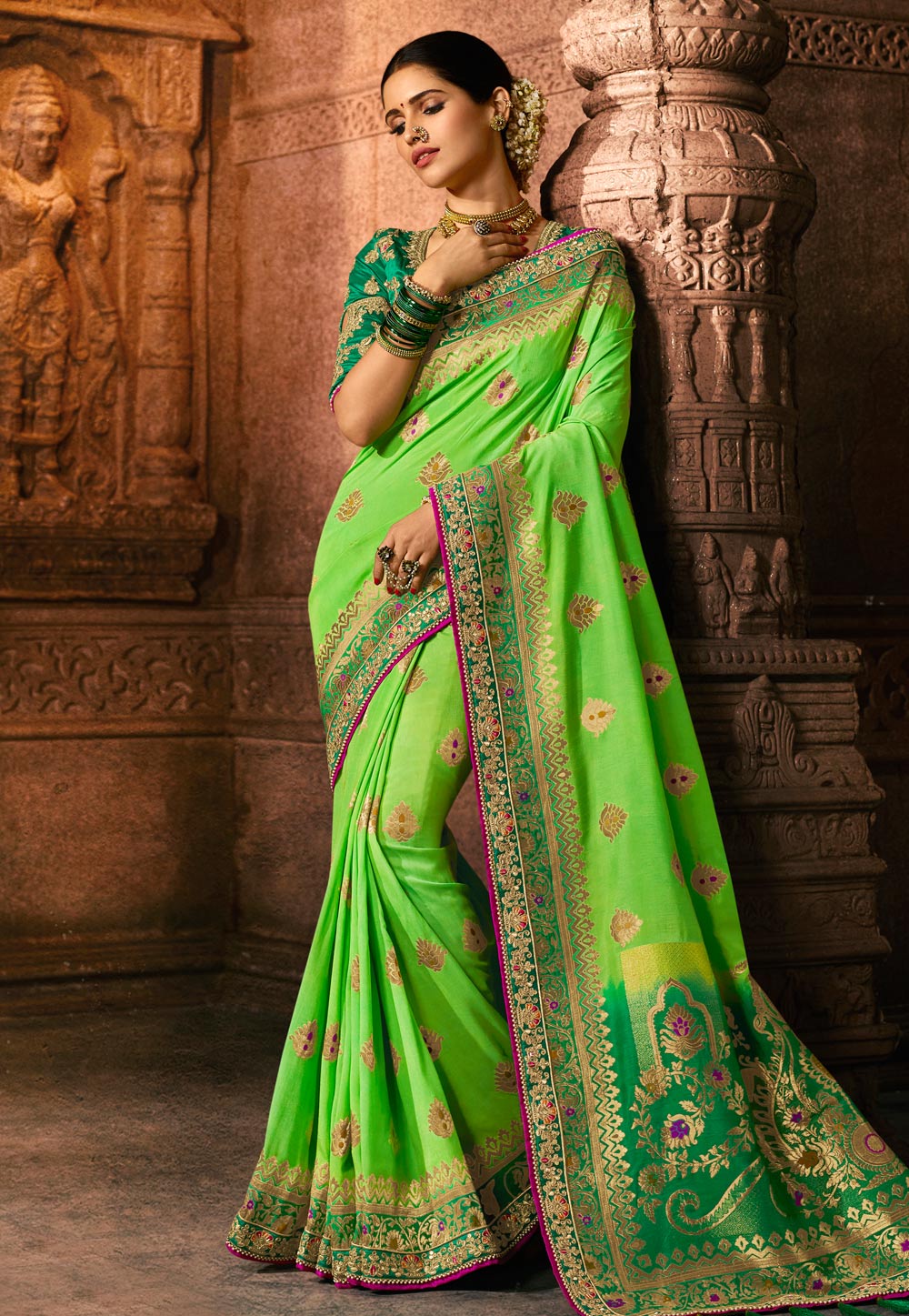 Green Viscose Embroidered Saree With Blouse 185300