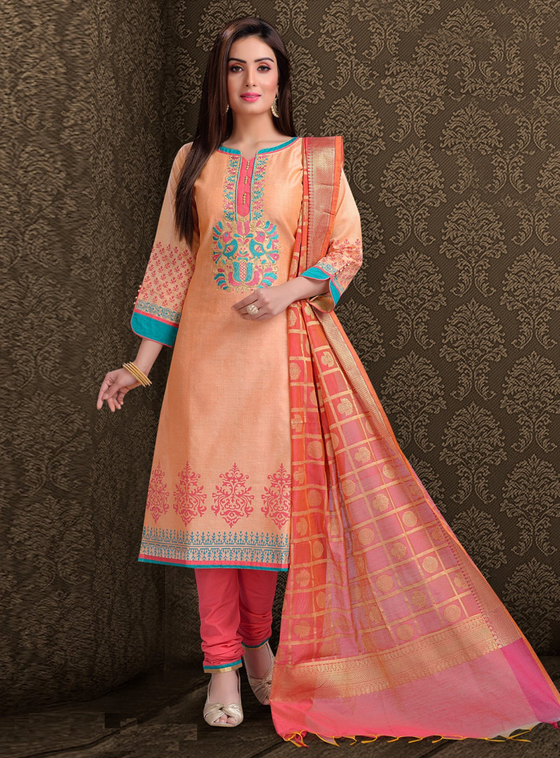 Orange Chanderi Churidar Salwar Suit 117160