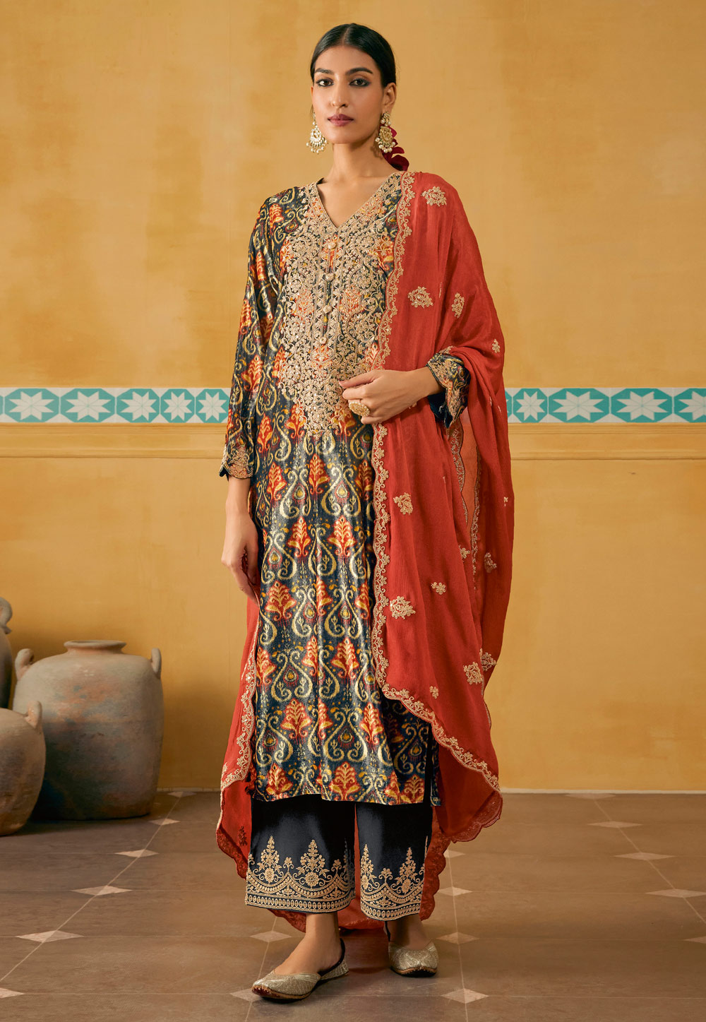 Grey Velvet Pakistani Palazzo Suit 275791