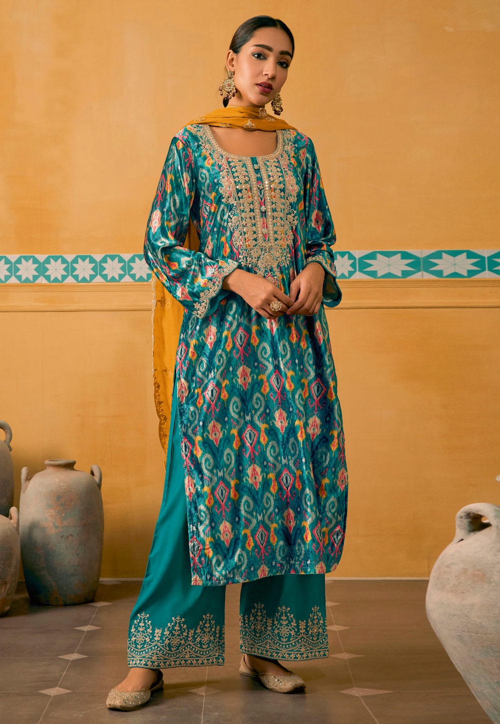 Turquoise Velvet Pakistani Suit 275792