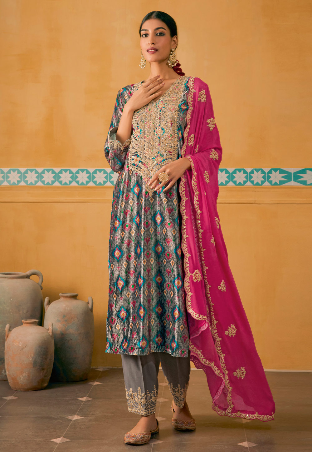 Grey Velvet Straight Suit 275793