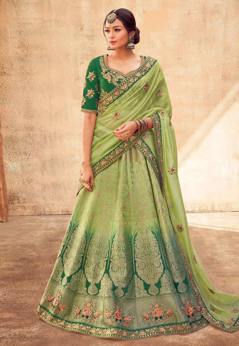 Green Banarasi Silk Embroidered A Line Lehenga Choli 171997