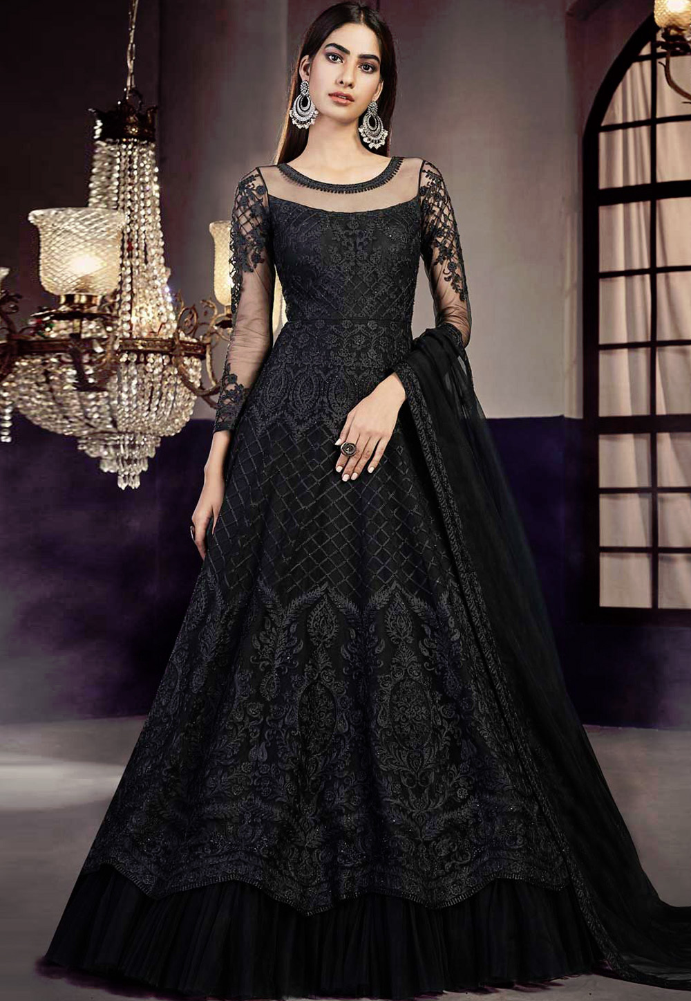 Black Satin Abaya Style Anarkali Suit 203826