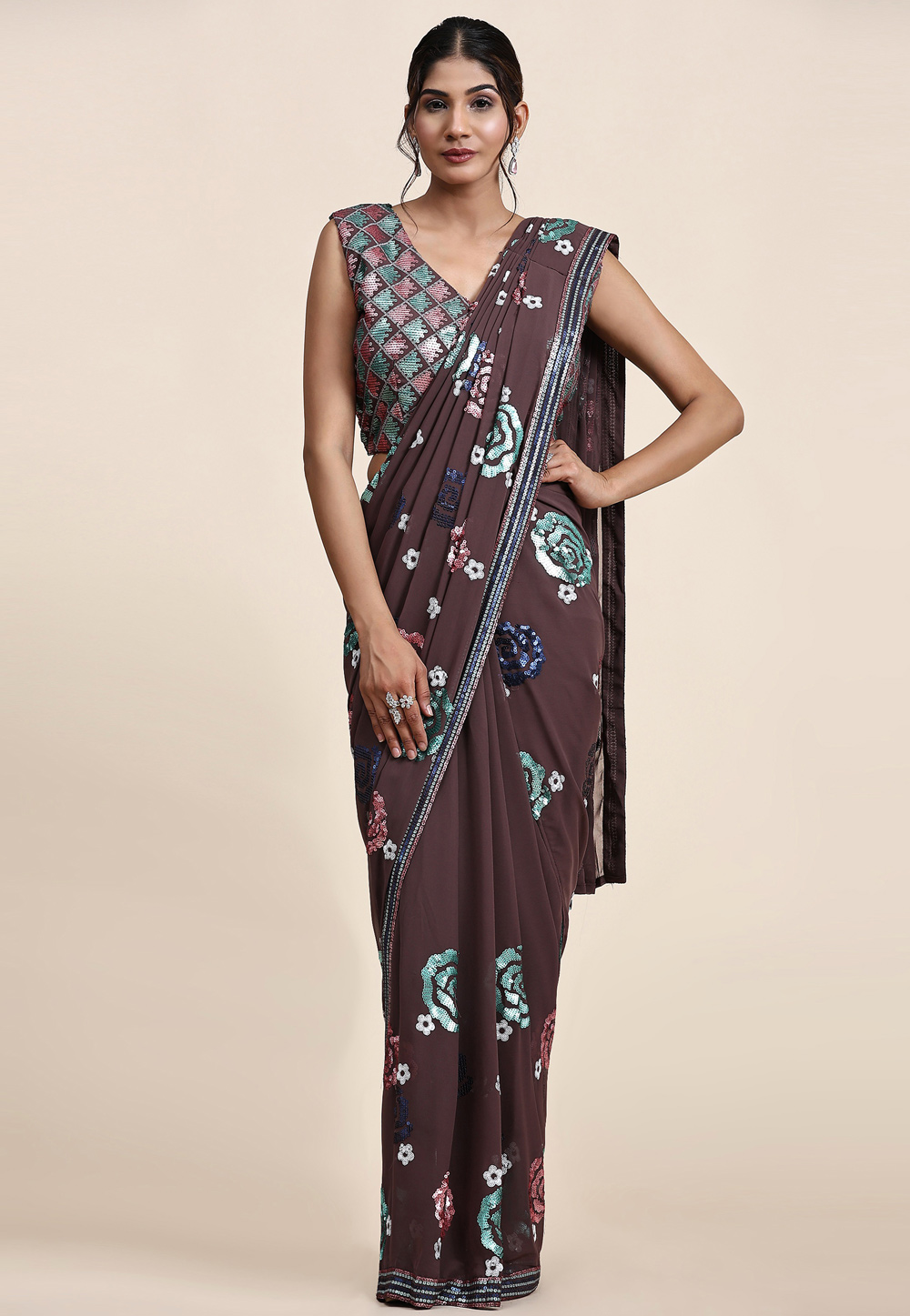 Brown Georgette Saree With Blouse 267679