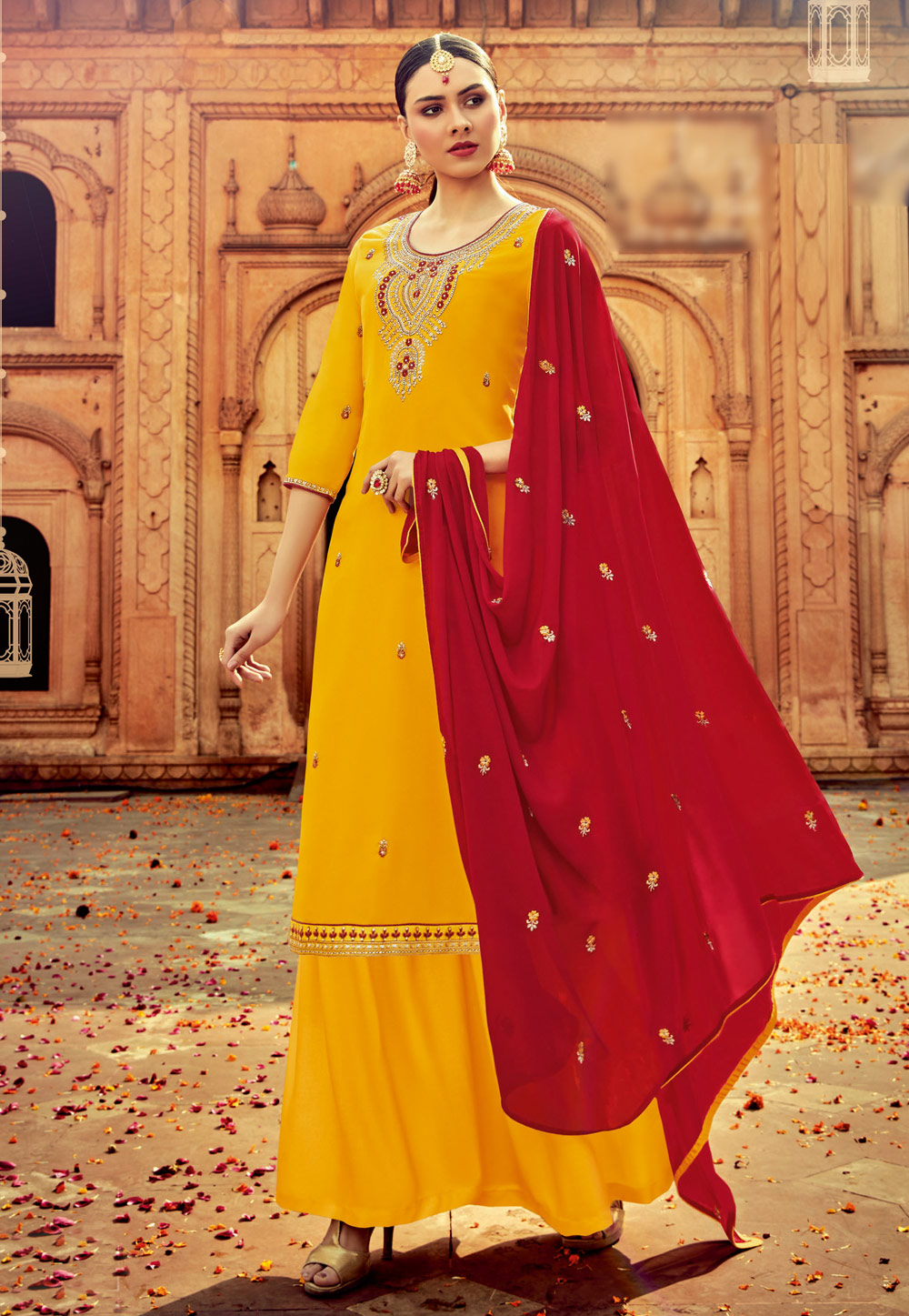 Yellow Georgette Palazzo Suit 206117