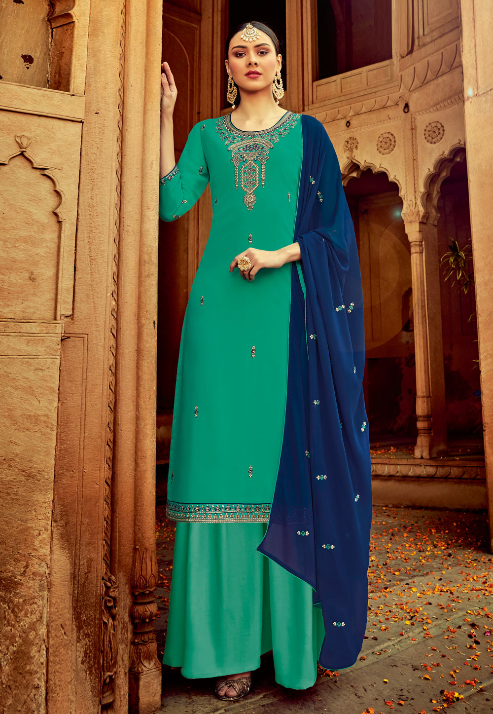 Turquoise Georgette Kameez With Palazzo 206118