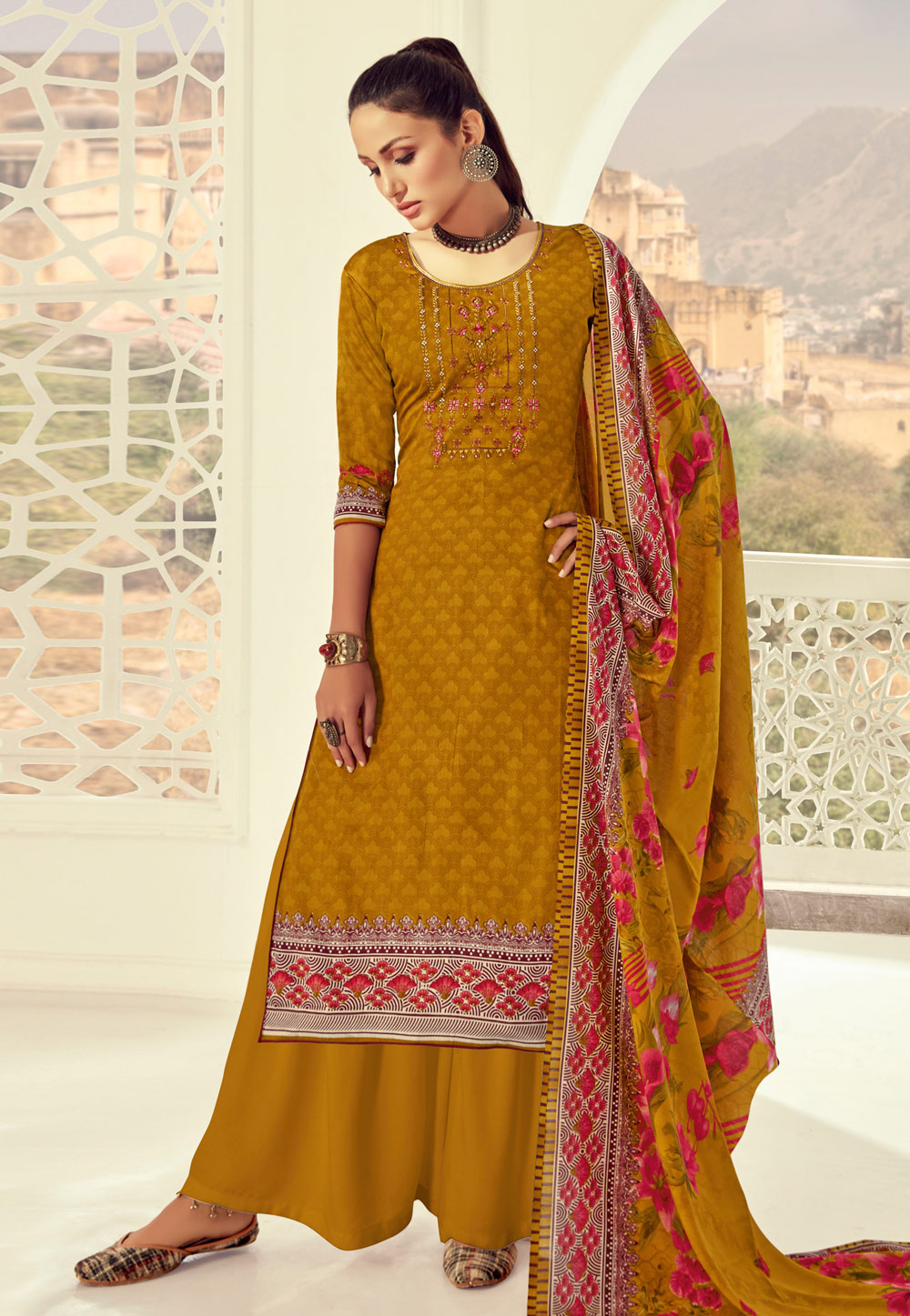 Mustard Cotton Kameez With Palazzo 203763