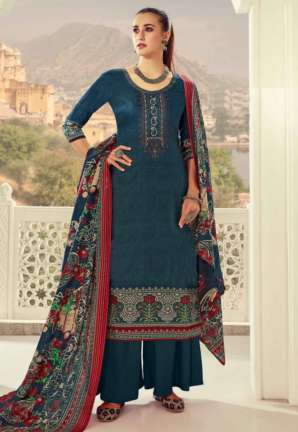 Blue Cotton Kameez With Palazzo 203765