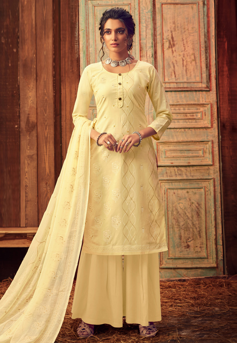 Yellow Lawn Cotton Palazzo Suit 203786