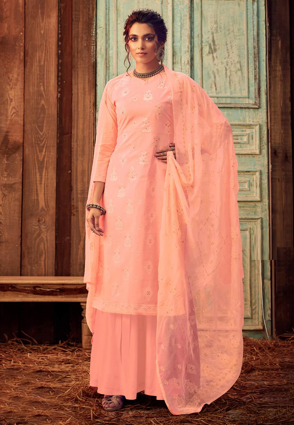 Peach Lawn Cotton Kameez With Palazzo 203789