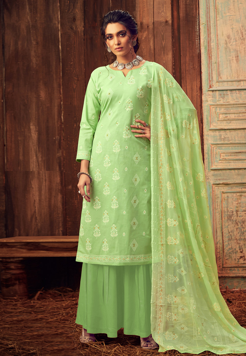 Light Green Lawn Cotton Palazzo Suit 203790