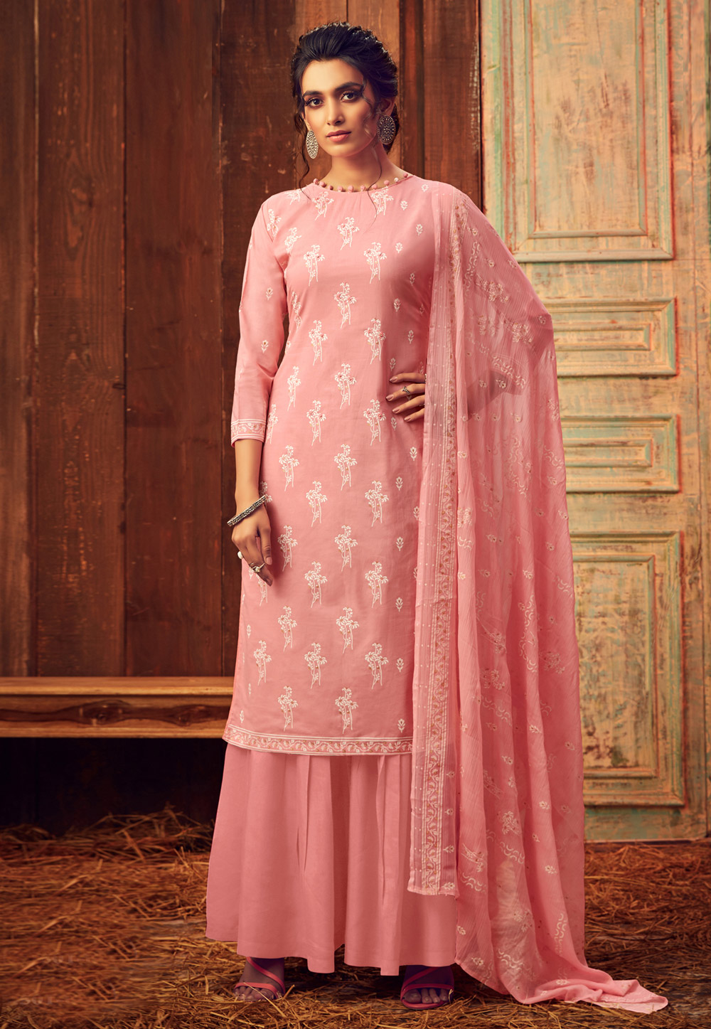 Pink Lawn Cotton Palazzo Suit 203792